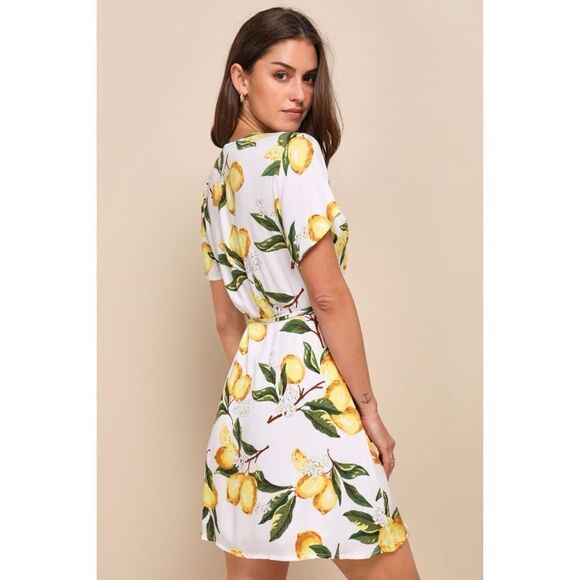 Lulu's Lemon Print Wrap Mini Dress - Picture 3 of 16
